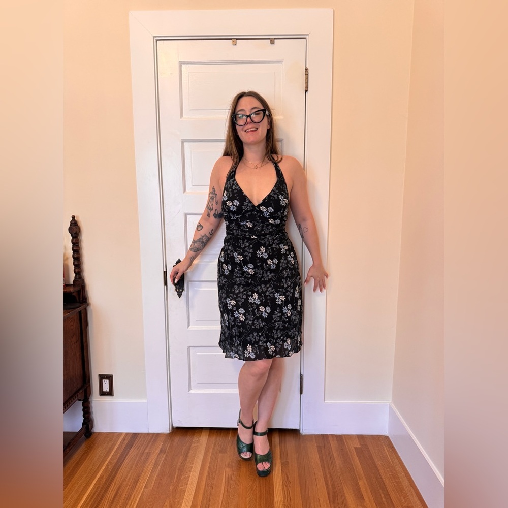 Y2K Vintage Black Floral Halter Sundress Sz S